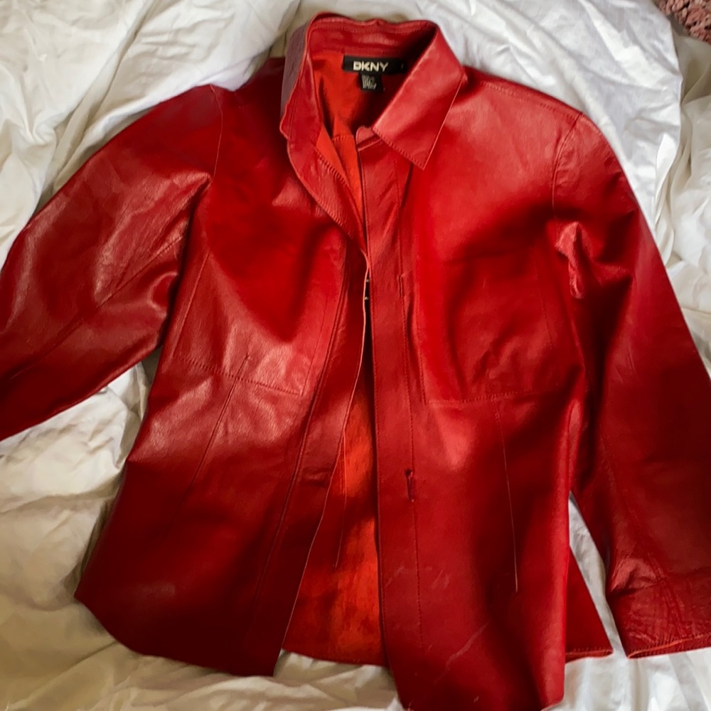 Lustrous buttery cherry-red DKNY leather jacket